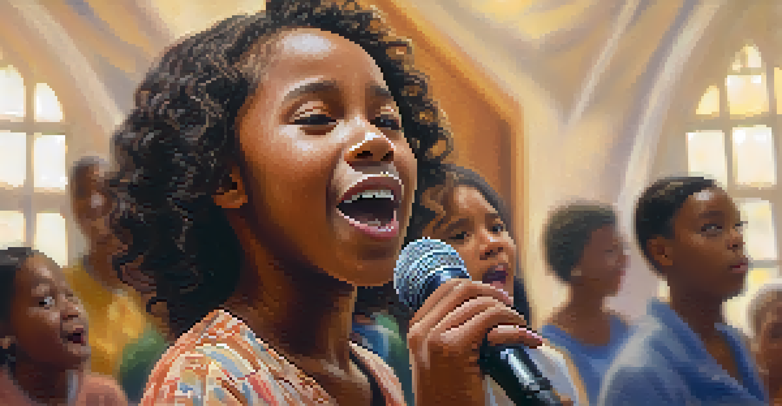 A young African American girl joyfully singing into a microphone during a gospel performance at a church with a blurred audience behind her.
