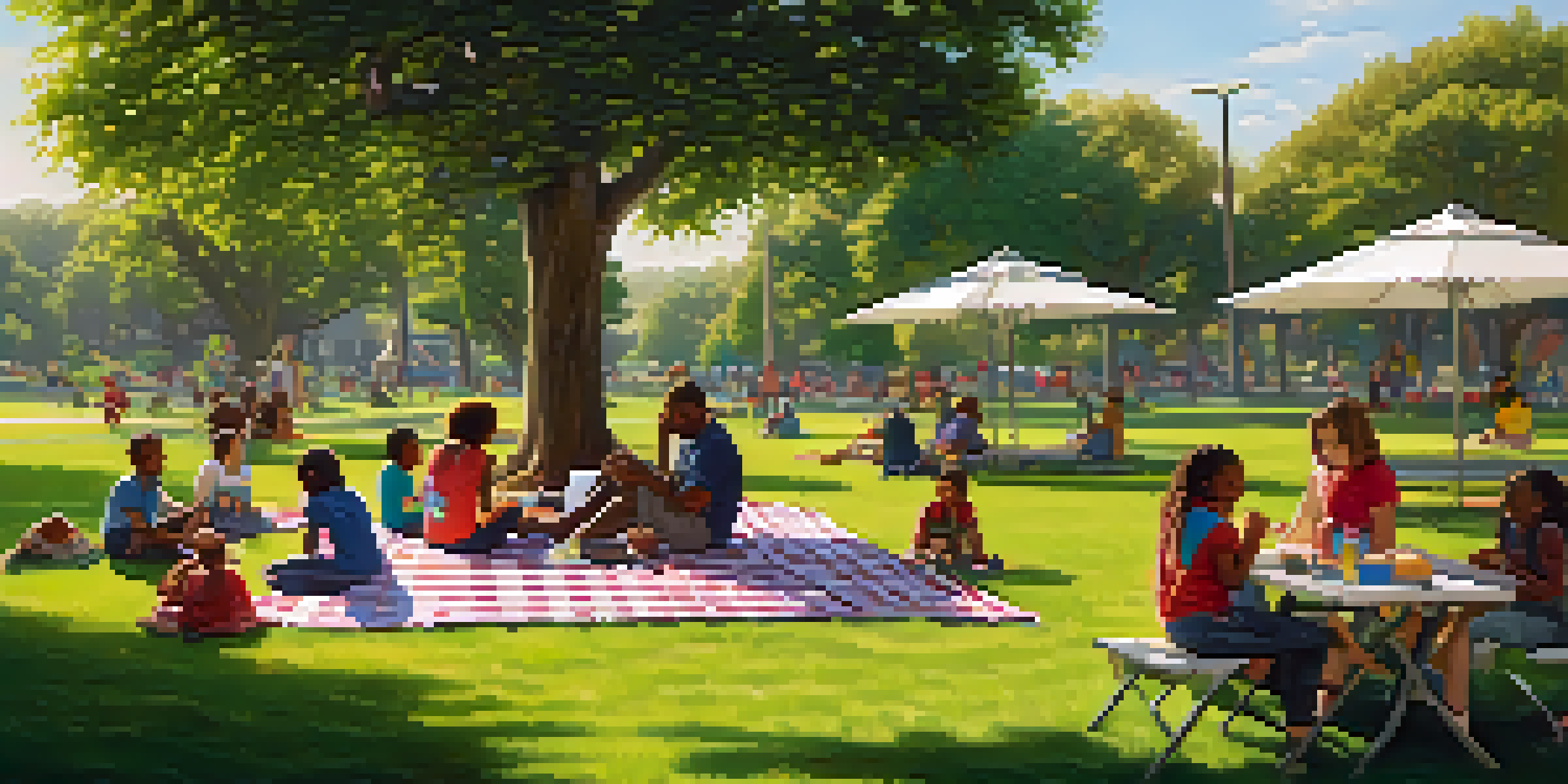 A sunny urban park in Compton with people having a picnic and children playing among beautiful greenery.