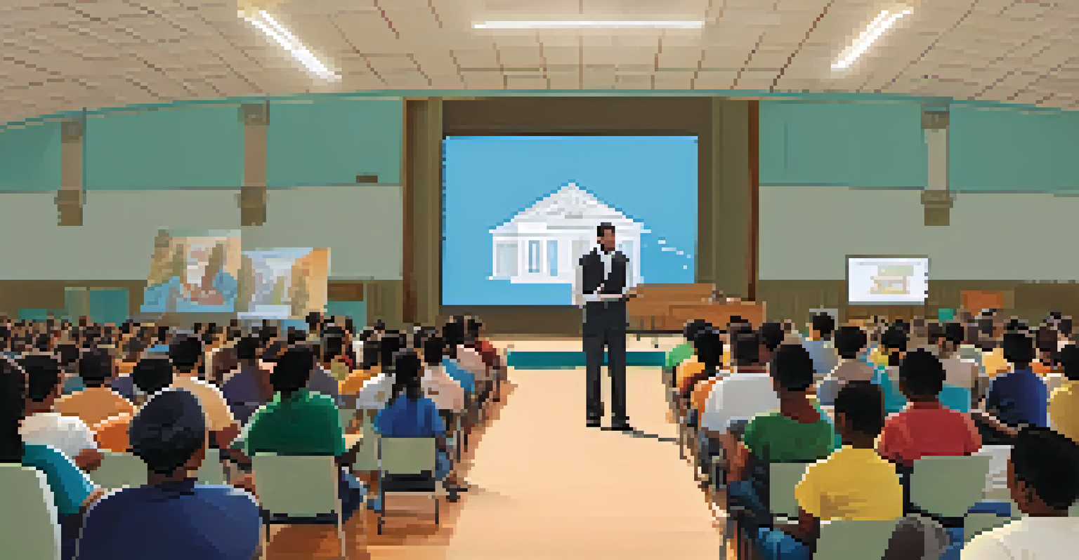 A workshop on civic engagement in a school auditorium, with a facilitator presenting to an engaged audience.