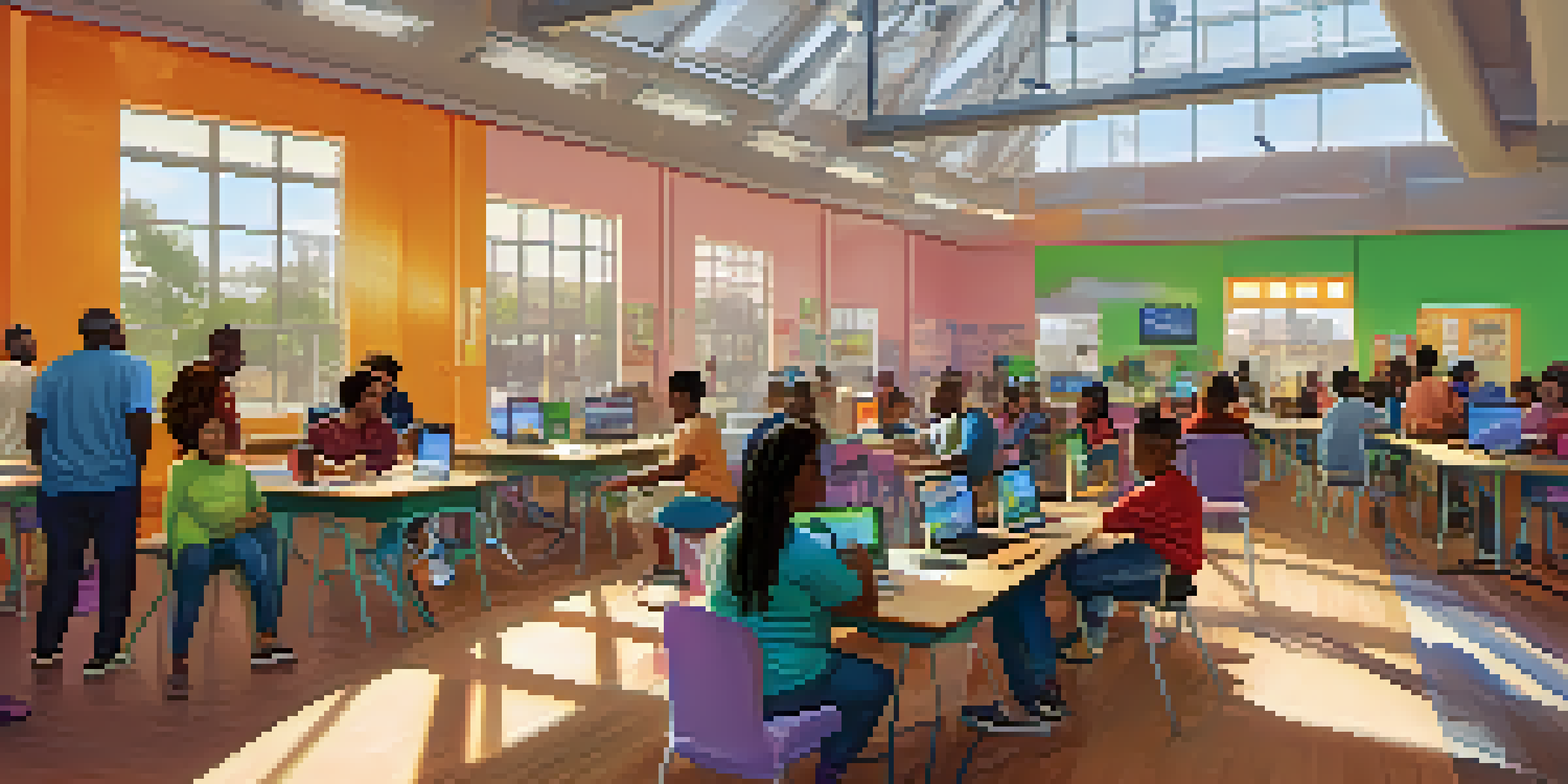 A community center in Compton where diverse residents participate in a digital literacy workshop, with computers and bright posters around them.