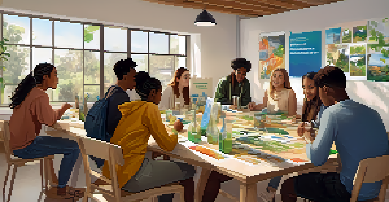 A diverse group of young individuals participating in a workshop on recycling and sustainable practices, with eco-friendly materials around them.