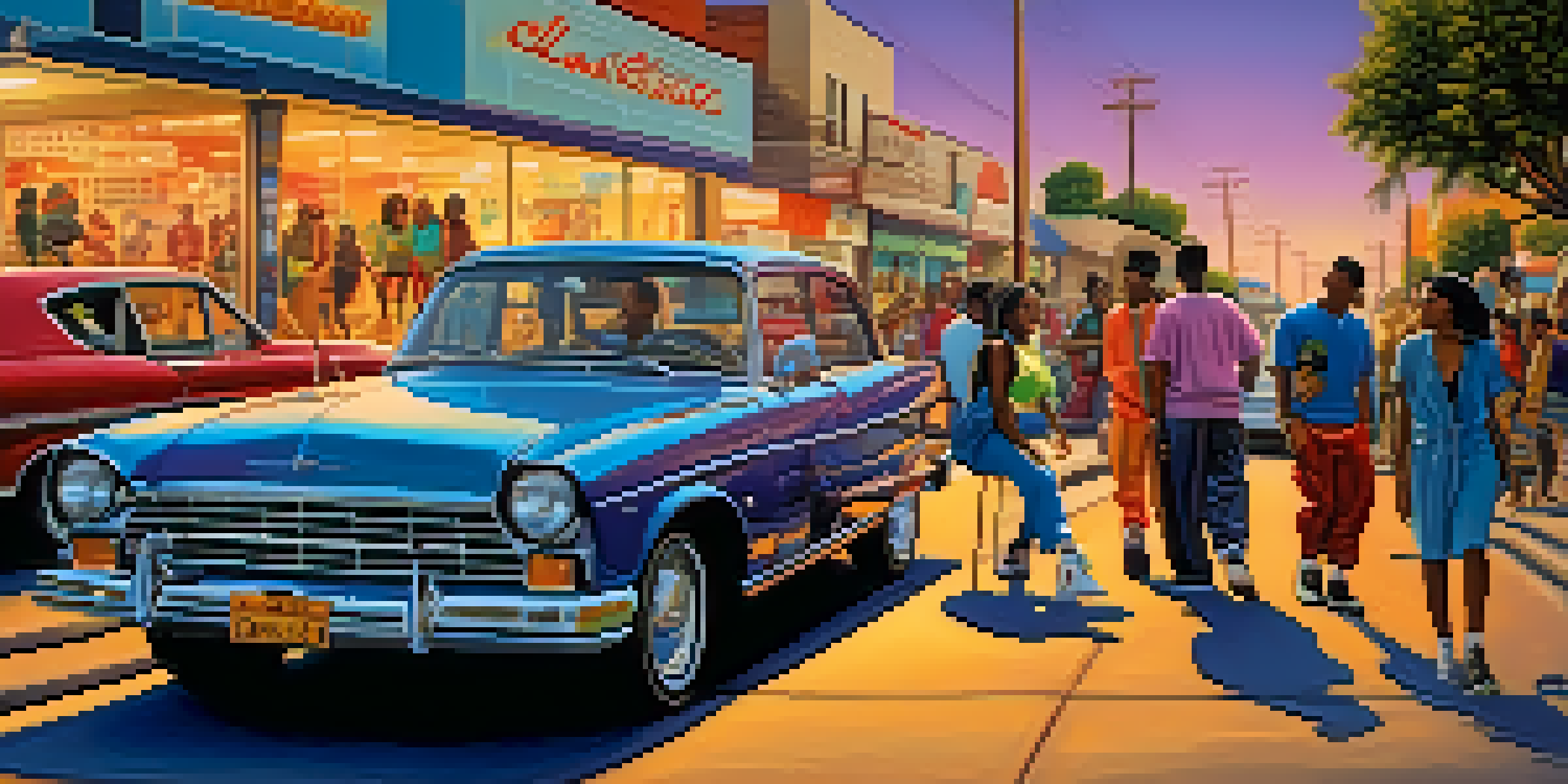 A lively street scene in Compton with young people around a classic car and colorful murals in the background, illuminated by sunset lighting.