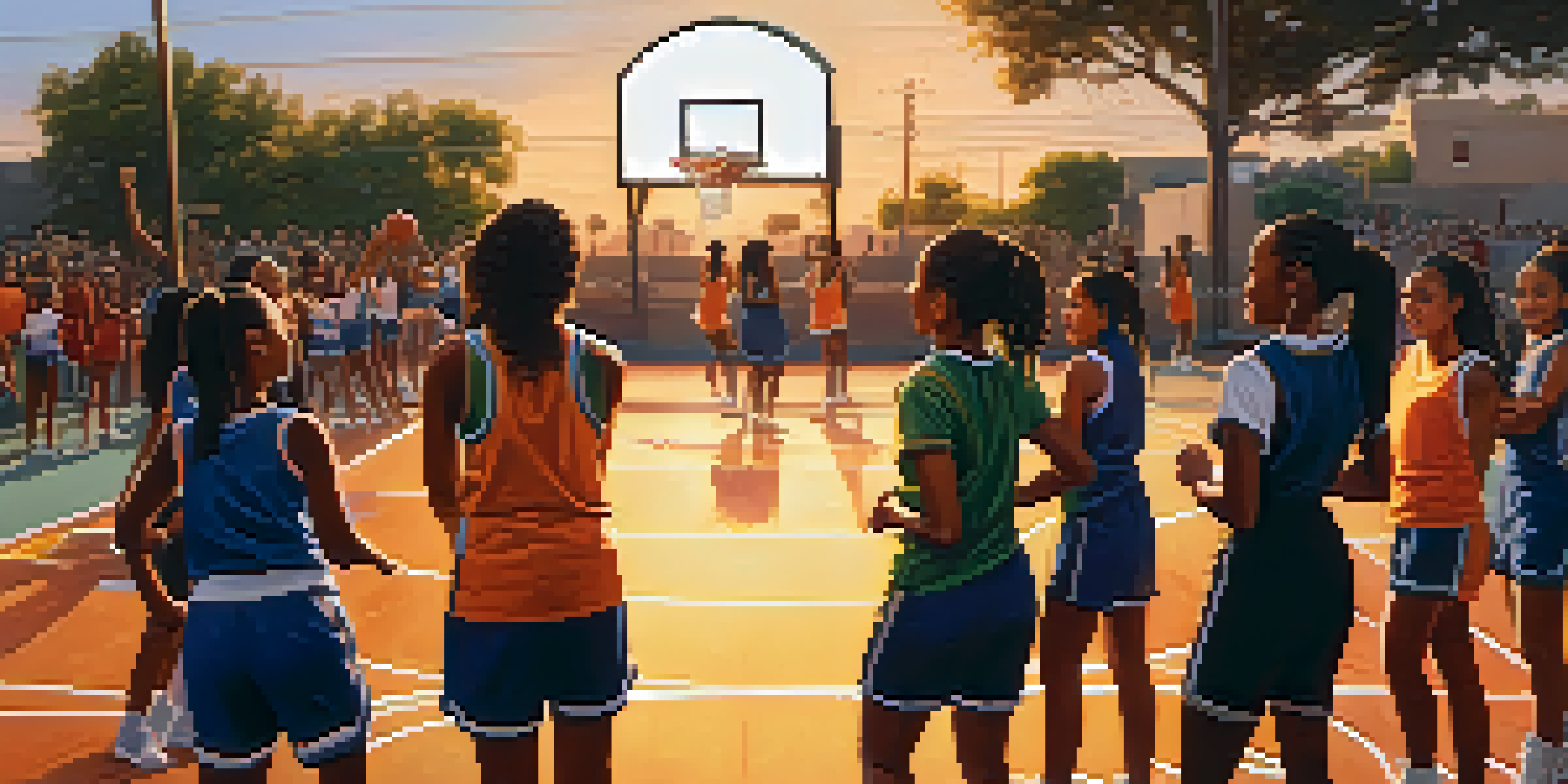 Young female basketball players practicing outdoors in Compton with community support around them.