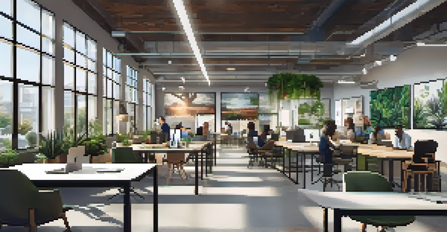 A modern co-working space in Compton with entrepreneurs collaborating, filled with natural light and greenery.