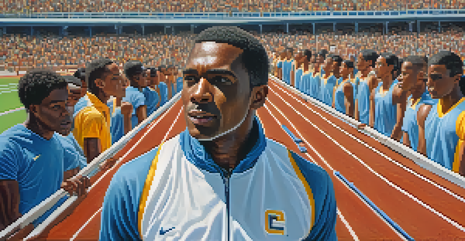 A focused coach at Compton High School motivating athletes during a track event, with runners in the background.