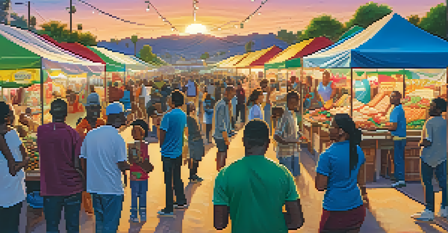A community event in Compton with city officials and local entrepreneurs at an outdoor market filled with vibrant stalls.
