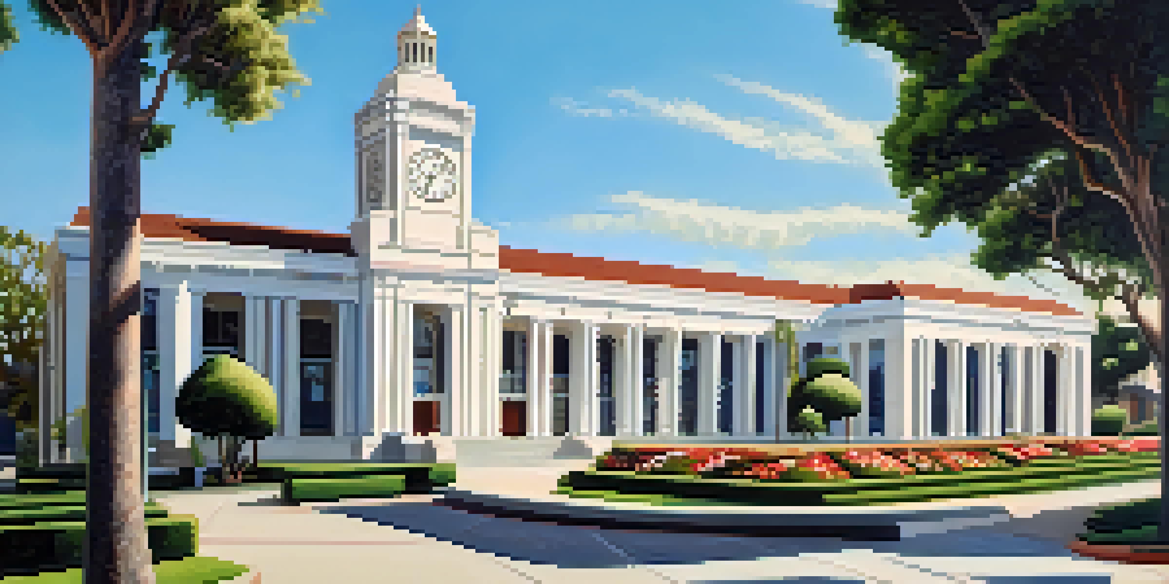 A view of Compton's City Hall with a modernist design, featuring a clock tower, surrounded by greenery and colorful flowers.