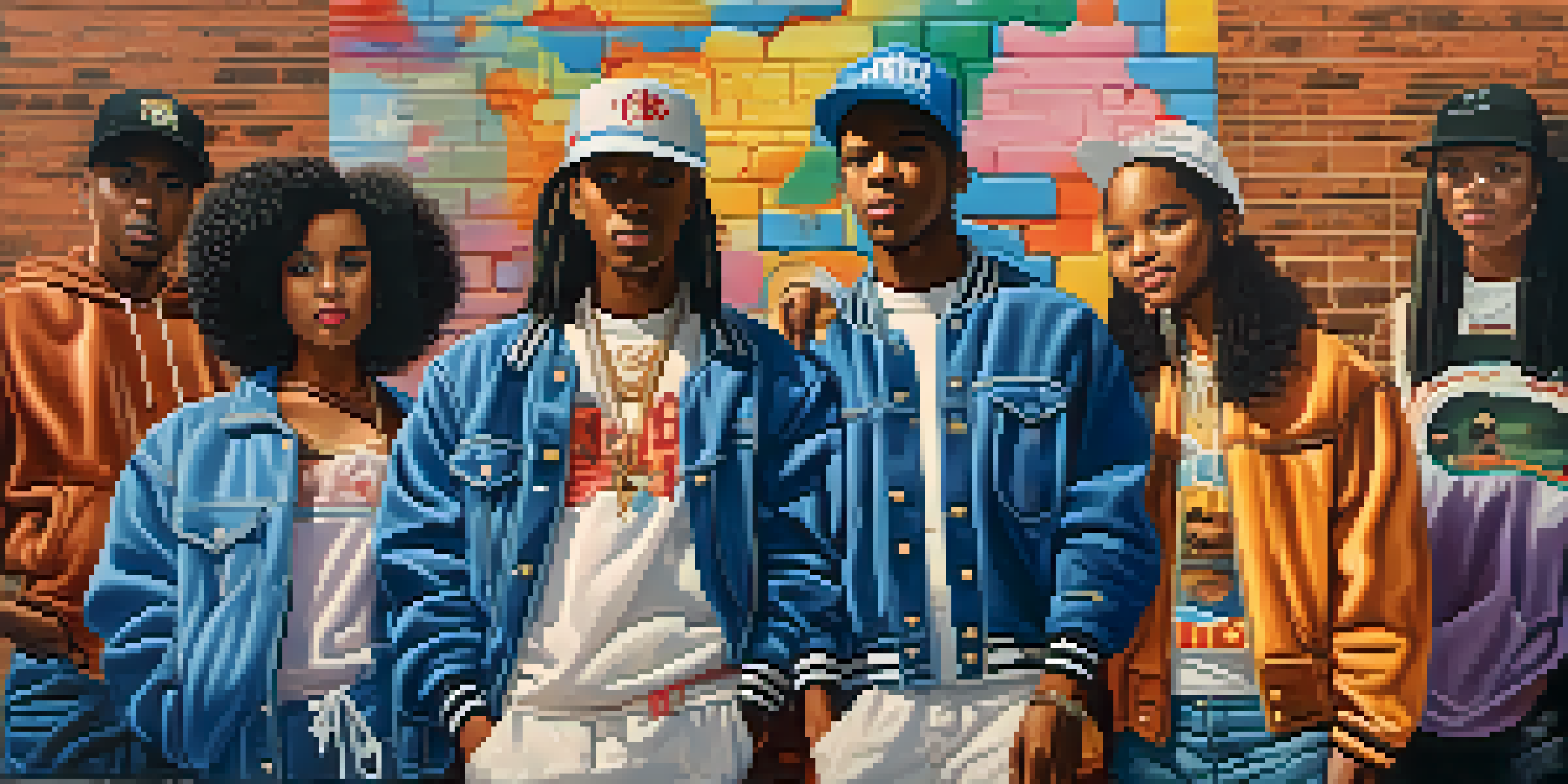 A lively street scene in Compton from the 1980s, with young artists around a graffiti wall, wearing hip-hop fashion, under a warm sunset.