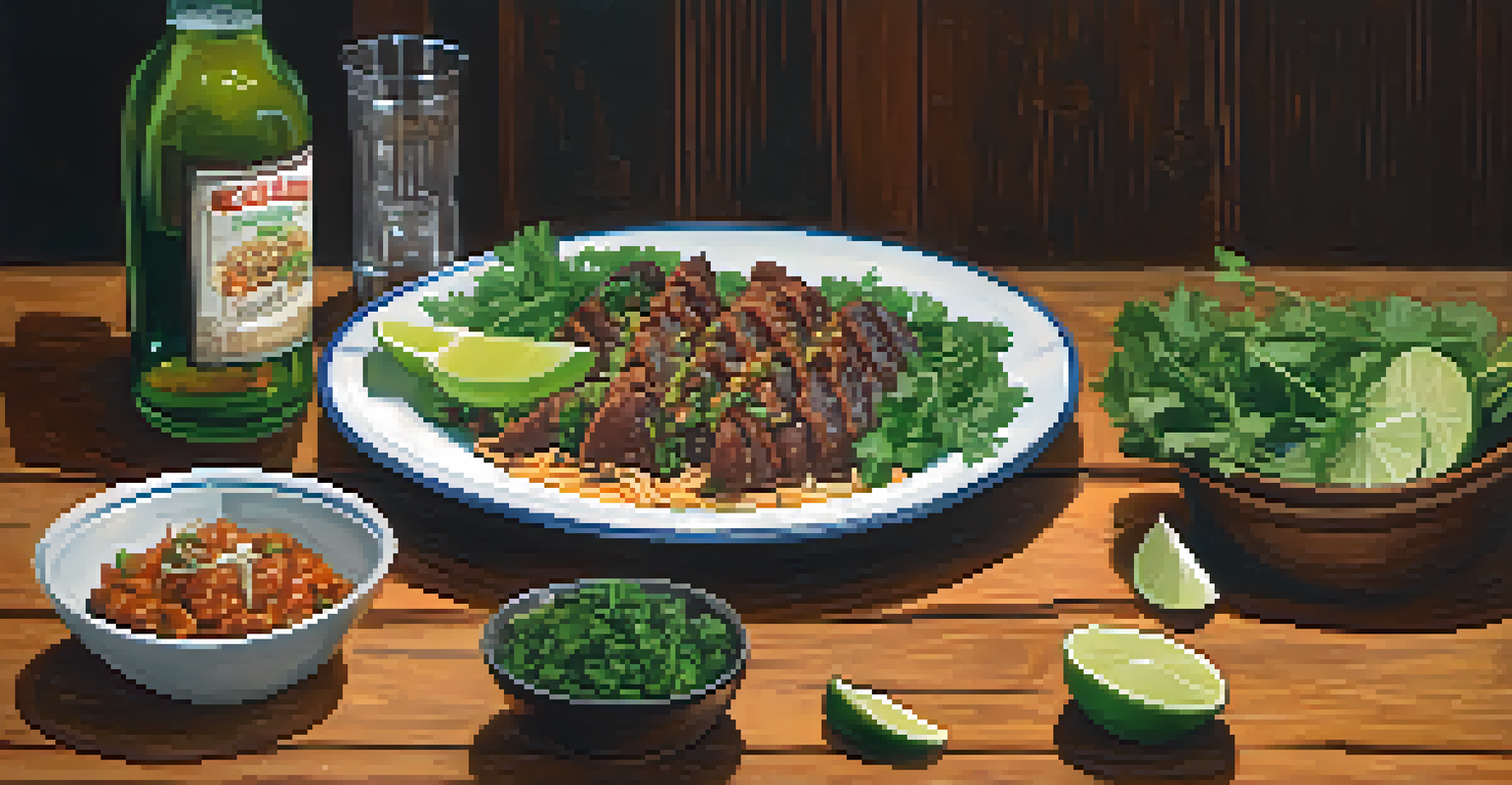 A table set with a fusion meal featuring a Korean BBQ taco and collard greens, garnished with cilantro and lime.