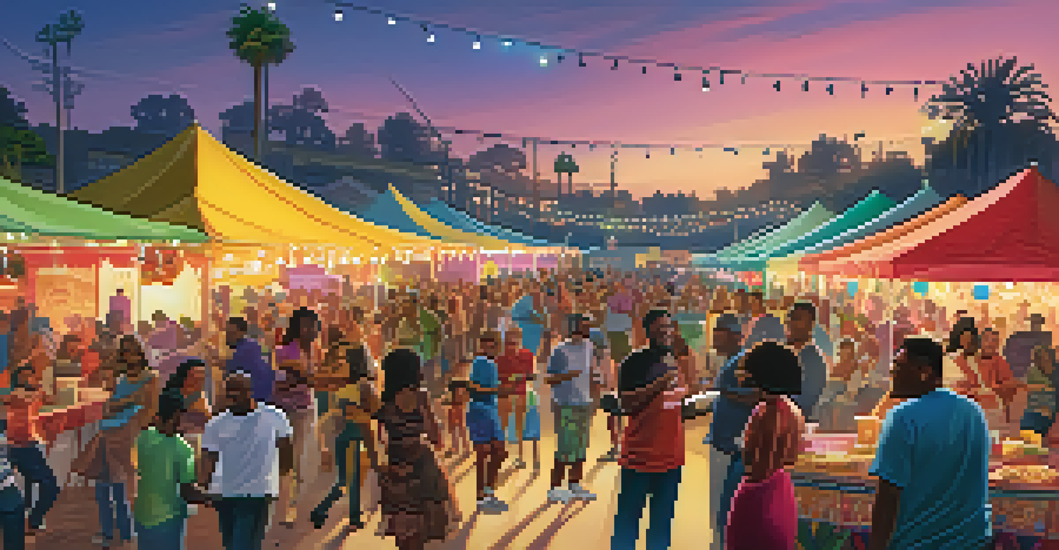 A vibrant community block party in Compton with people enjoying music, food stalls, and festive decorations.