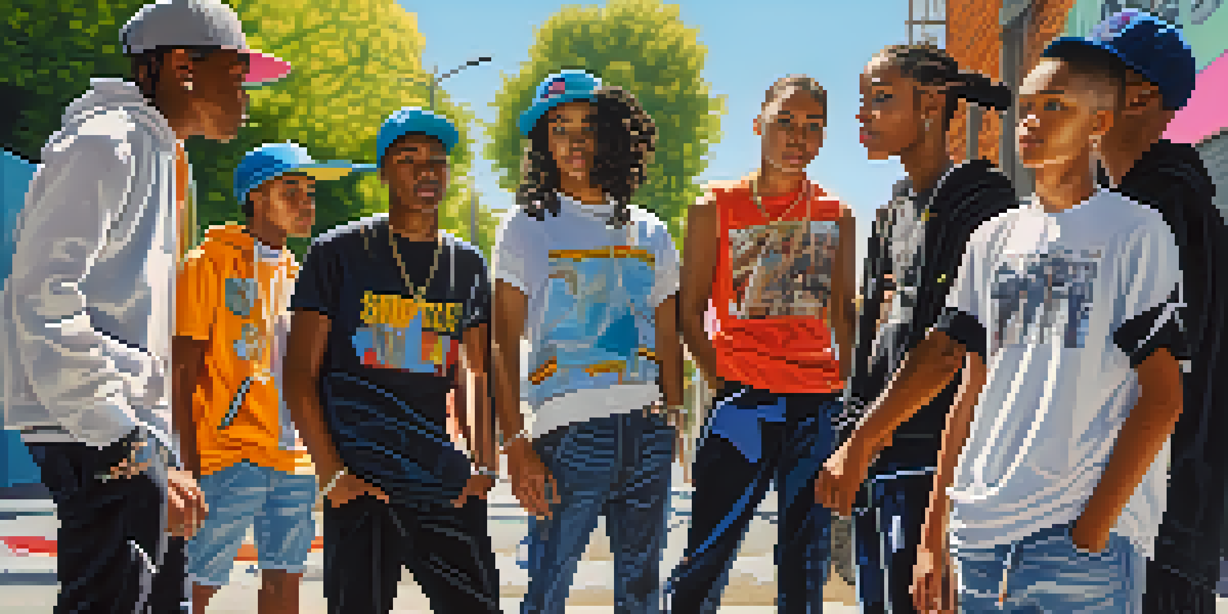 A lively urban scene in Compton with young individuals dressed in colorful streetwear, surrounded by vibrant murals and dappled sunlight.