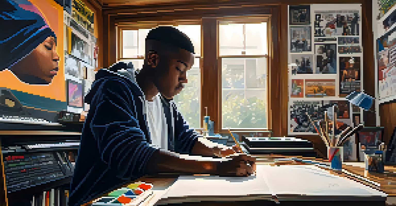 A young artist in a home studio writing lyrics, surrounded by musical instruments and hip-hop posters.