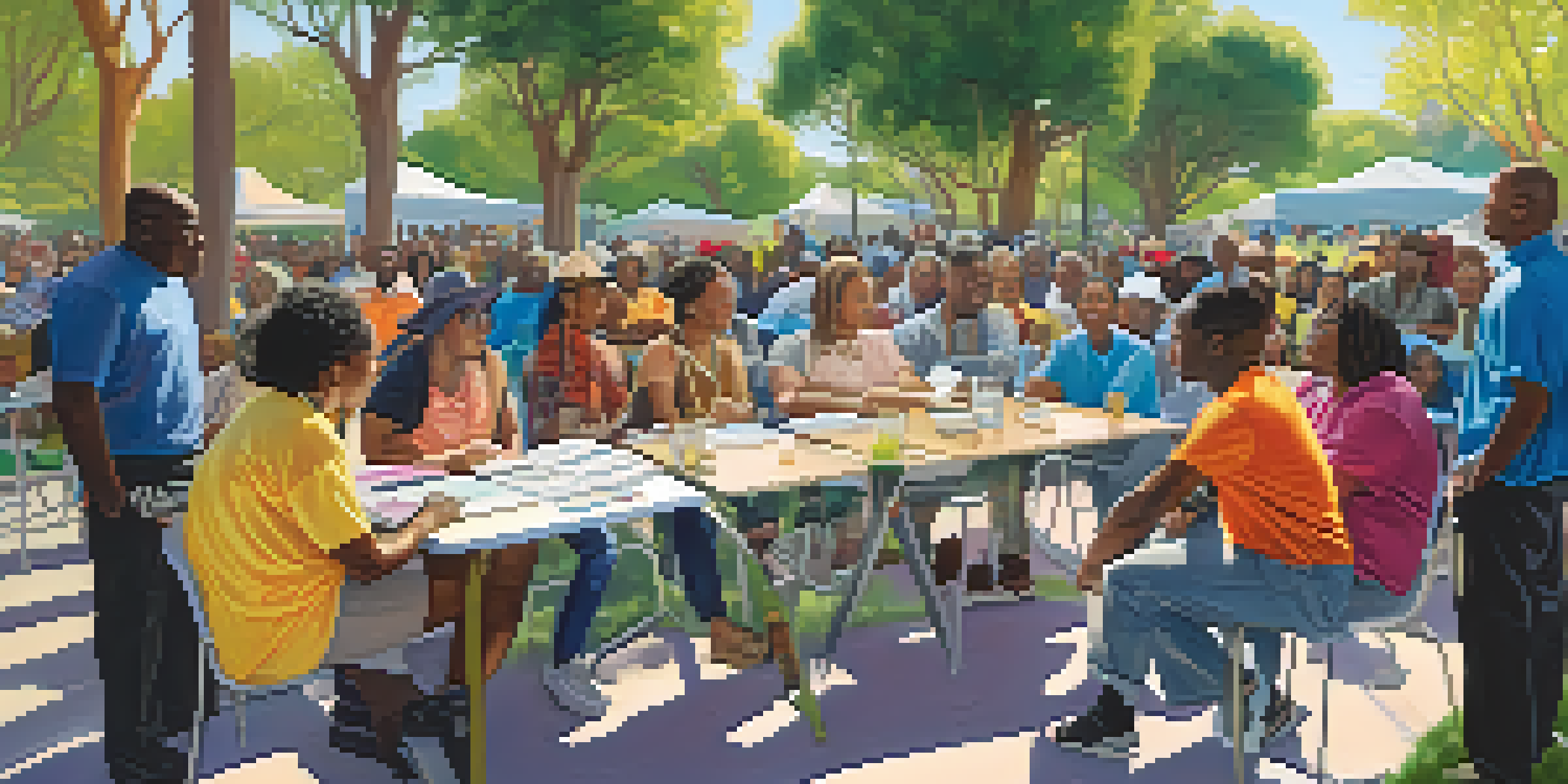 A diverse group of residents in Compton engaged in a community meeting in an outdoor park, surrounded by colorful banners and informational tables, with sunlight filtering through the trees.