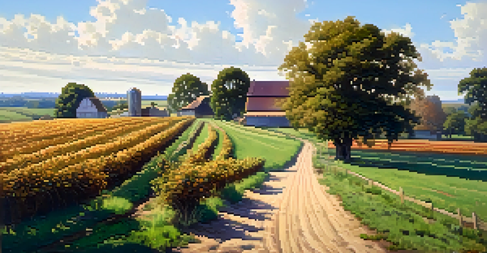 An early 1900s rural landscape in Compton with farms and orchards, featuring green fields, fruit trees, and a wooden barn under a blue sky.
