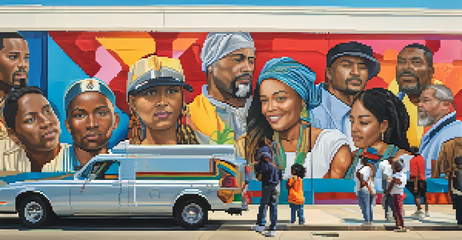 A detailed view of a colorful community mural in Compton, with residents admiring the artwork that symbolizes local culture and resilience.