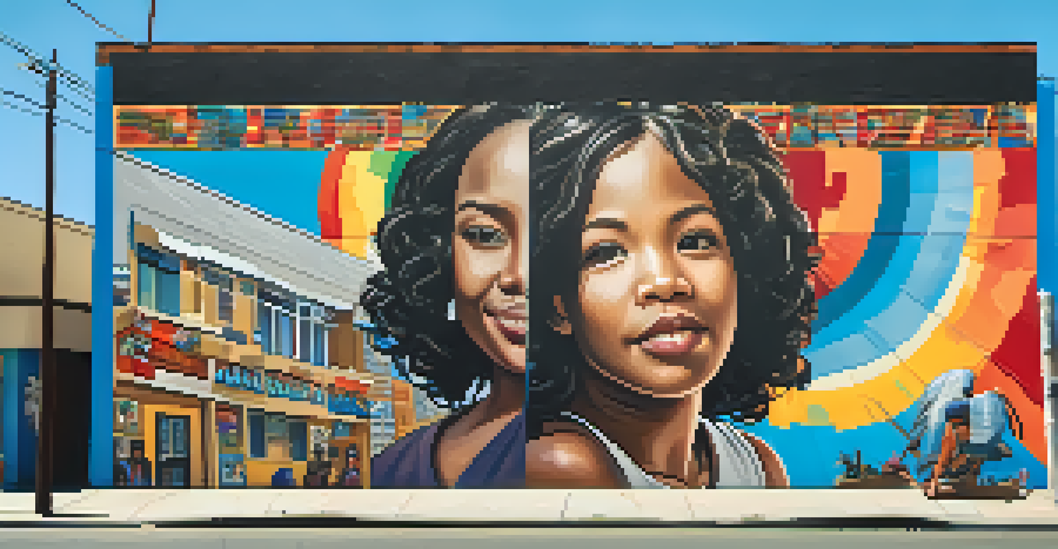 A colorful community mural in Compton portraying resilience and creativity, featuring symbols of hope and unity against a blue sky.