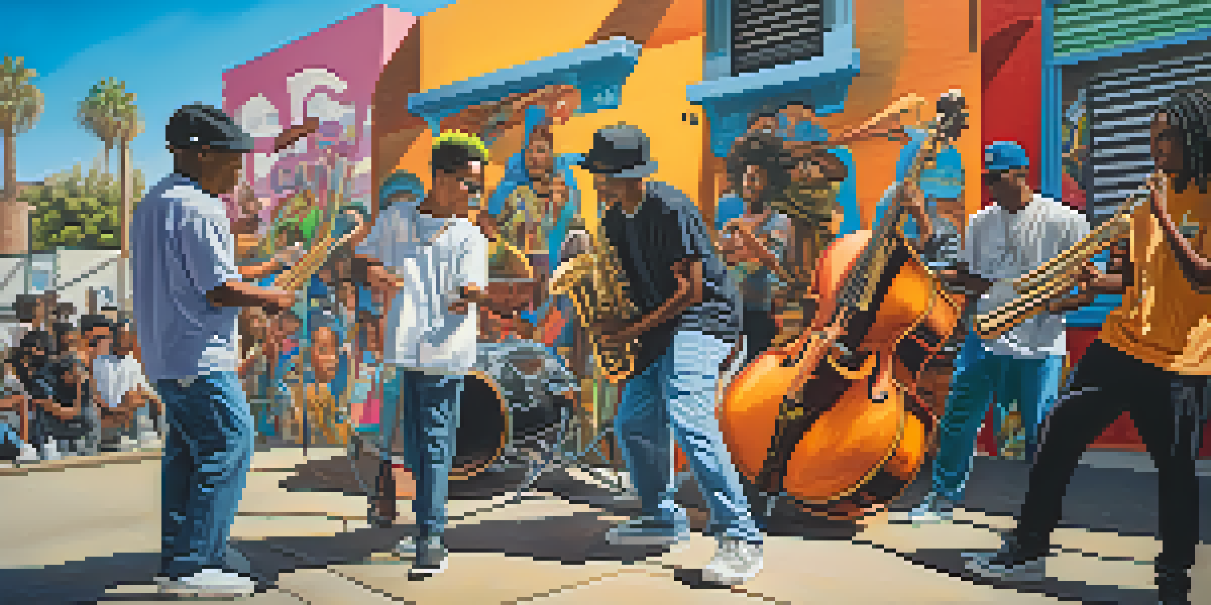 A lively street scene in Compton with young musicians playing instruments, colorful murals, and graffiti art representing hip-hop culture.