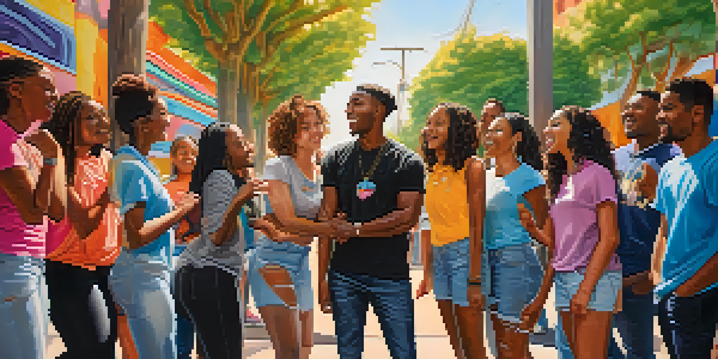 A lively group of young activists in Compton discussing social issues against a backdrop of colorful murals.