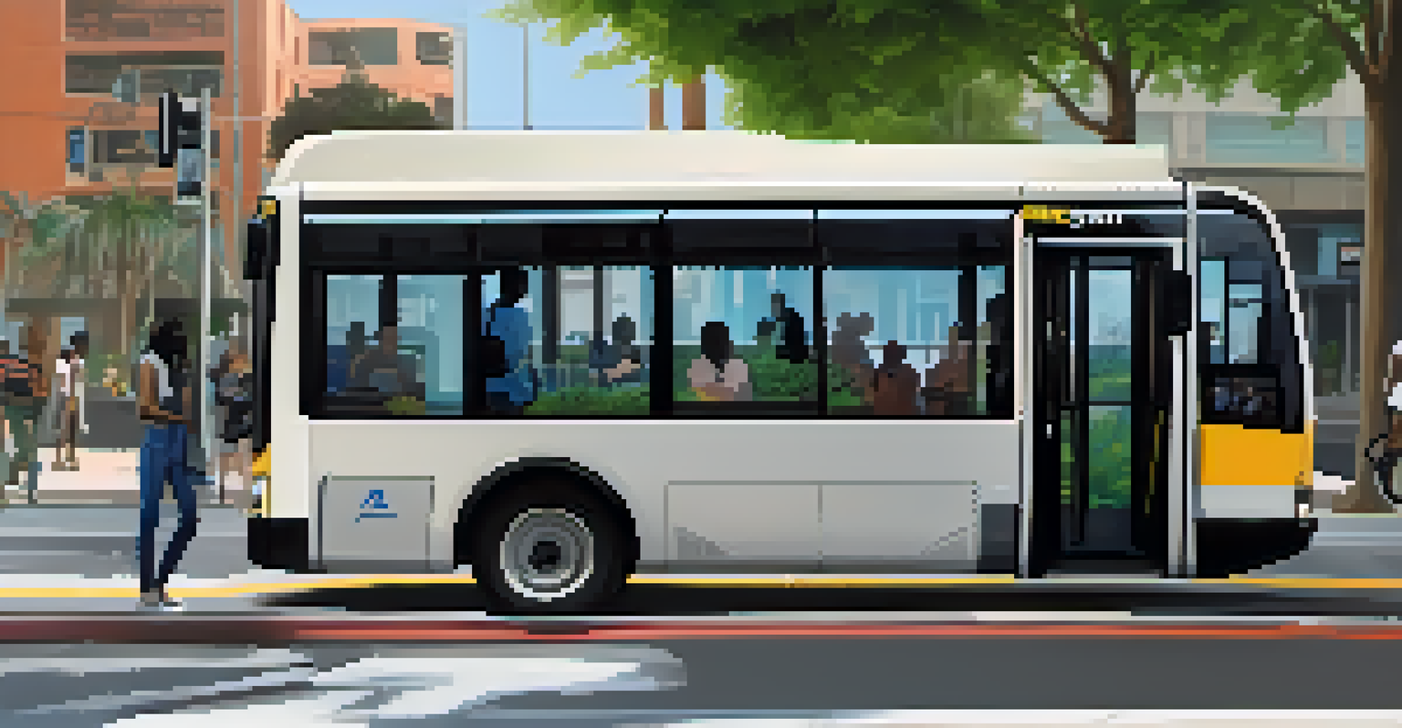 A smart public transportation bus in Compton with GPS display and residents at a modern bus stop.
