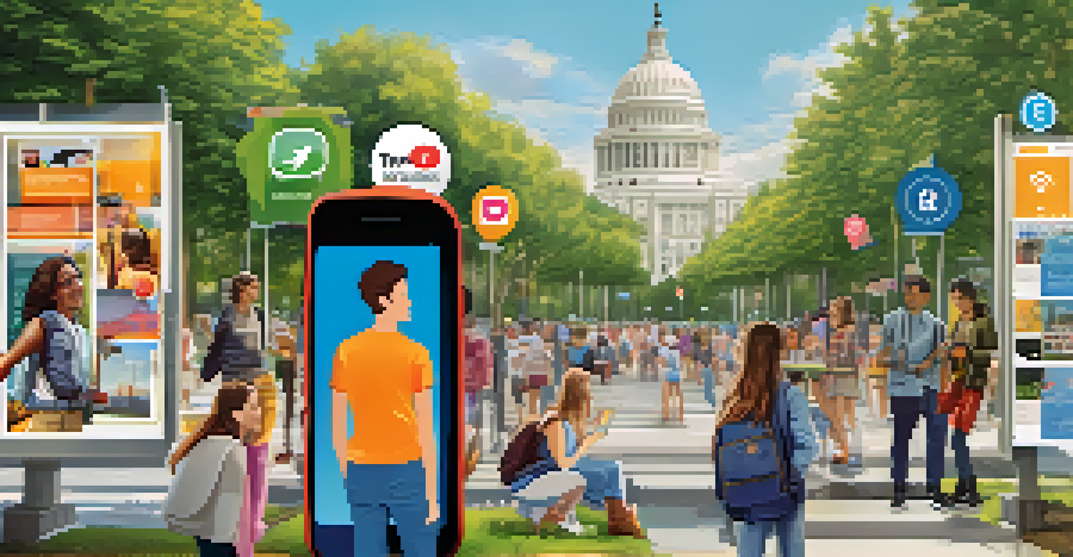 A digital collage of young people using social media to promote community safety, with vibrant posts and graphics visible.