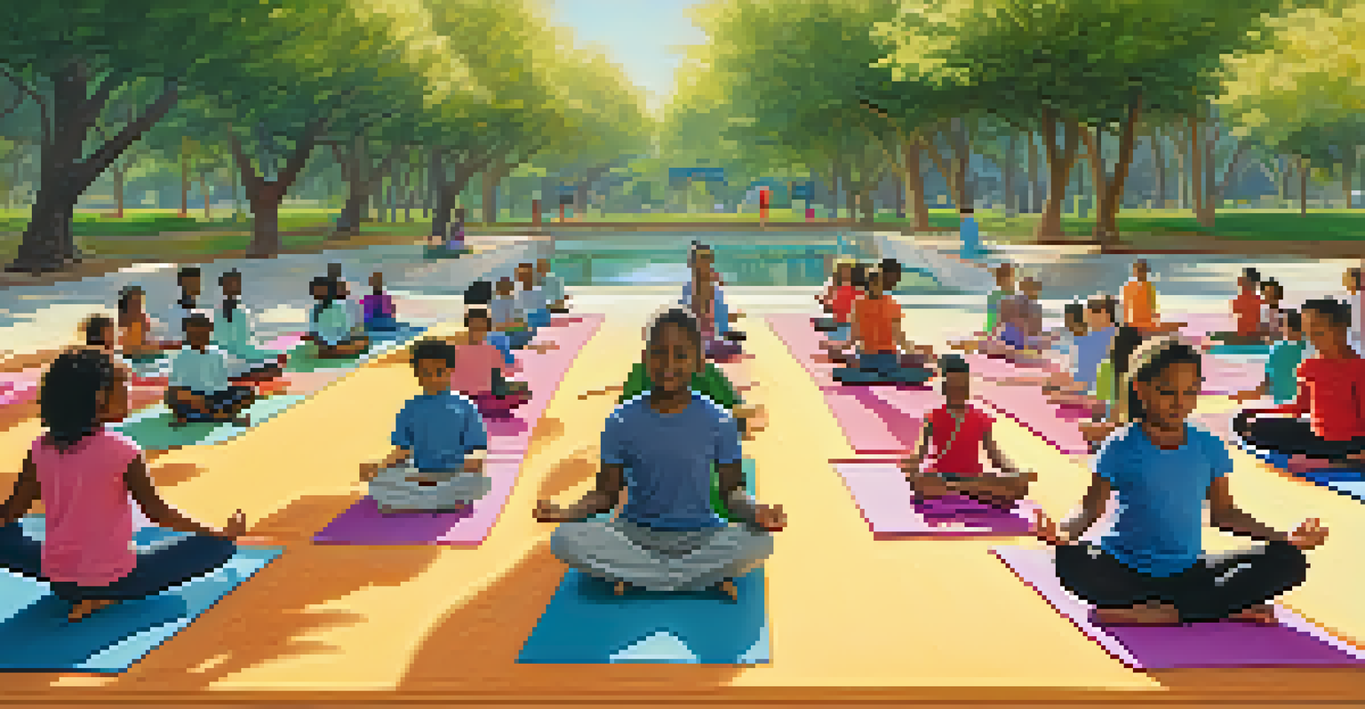 Children practicing yoga in a sunny park, surrounded by greenery and flowers, led by a calm instructor.