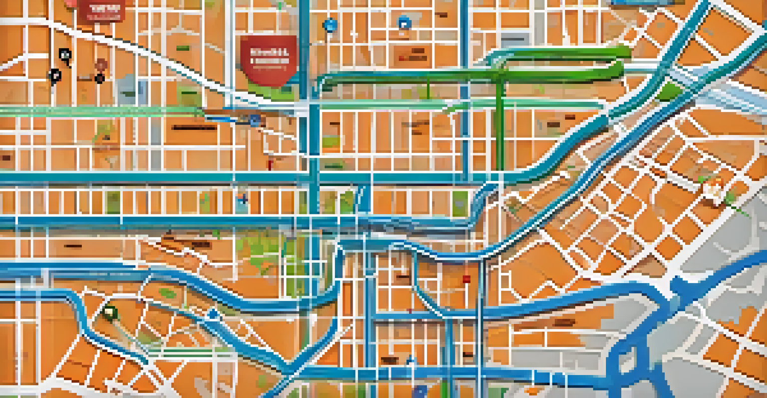 An overhead view of a city map showing public transit routes in Compton, featuring icons for schools, parks, and employment centers.