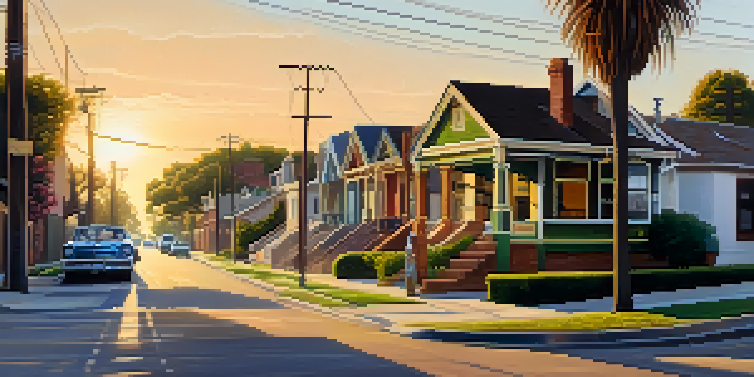 A street view of Compton's historic neighborhoods with colorful murals and green trees, illuminated by the warm light of the setting sun.