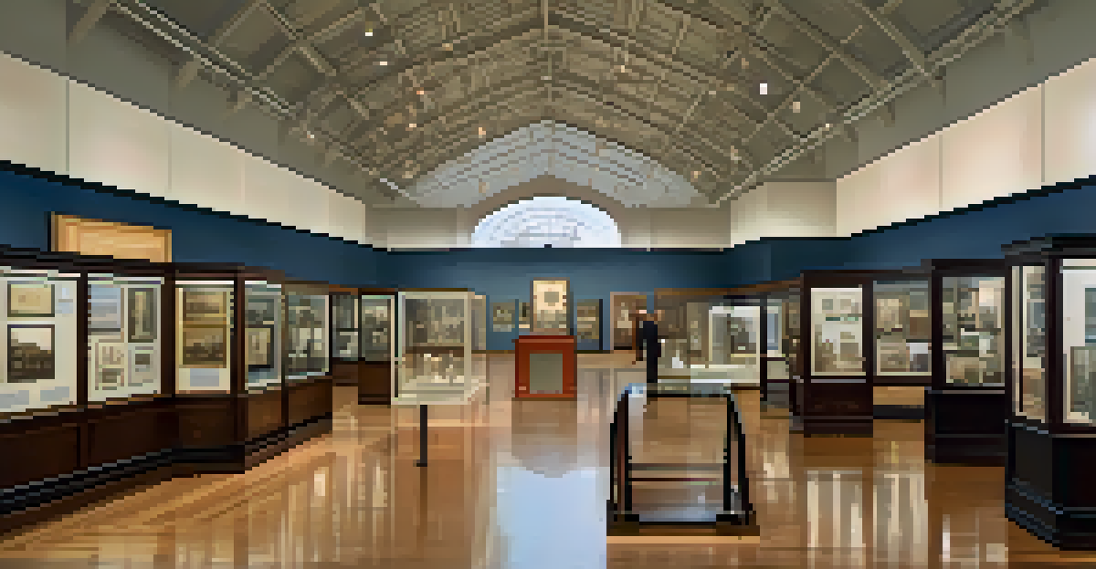 Interior of the Museum of Compton displaying historical artifacts and vintage photographs with visitors engaging in exhibits.