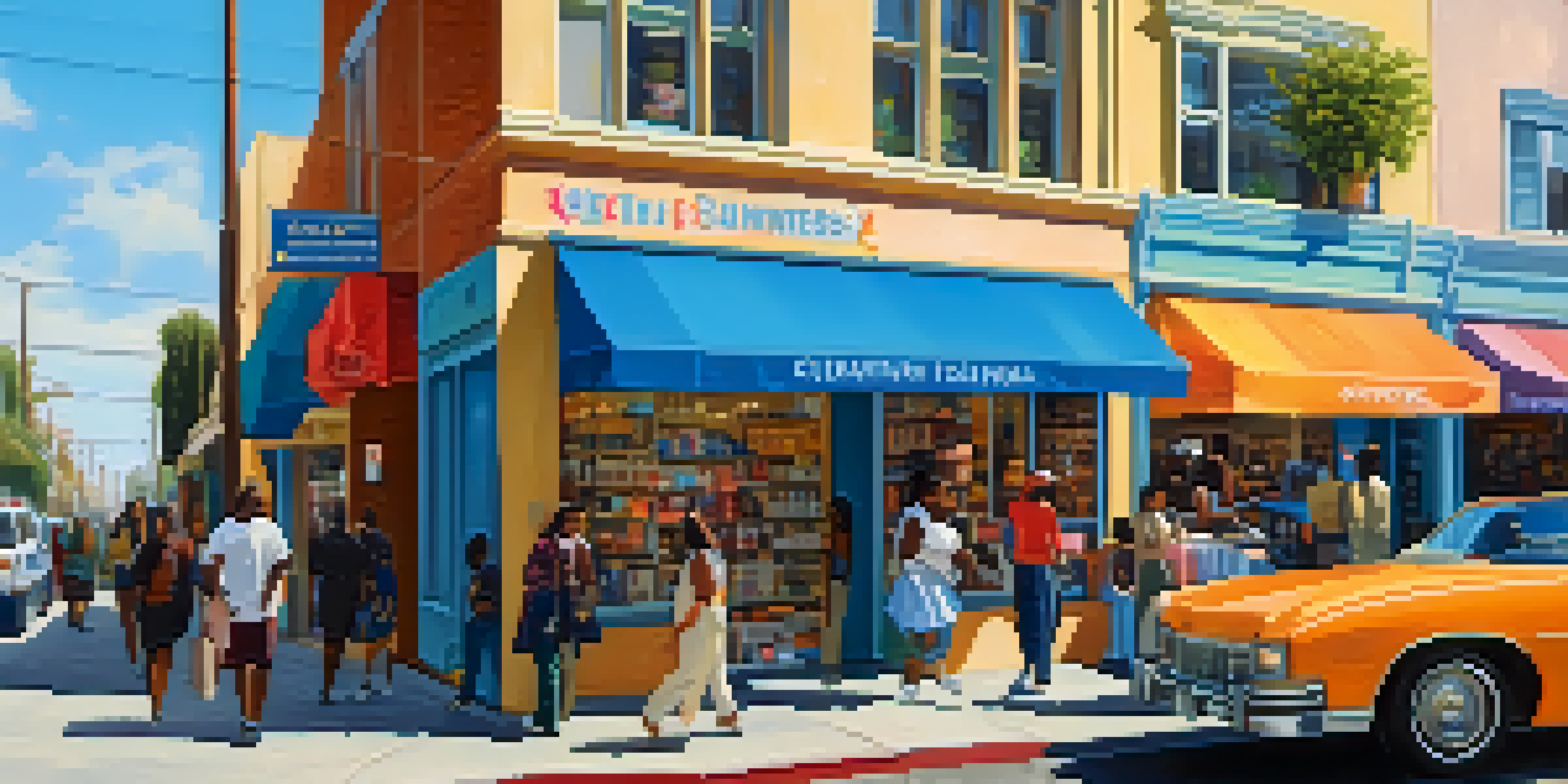 A lively street scene in Compton with a colorful boutique and diverse shoppers enjoying the outdoor displays.