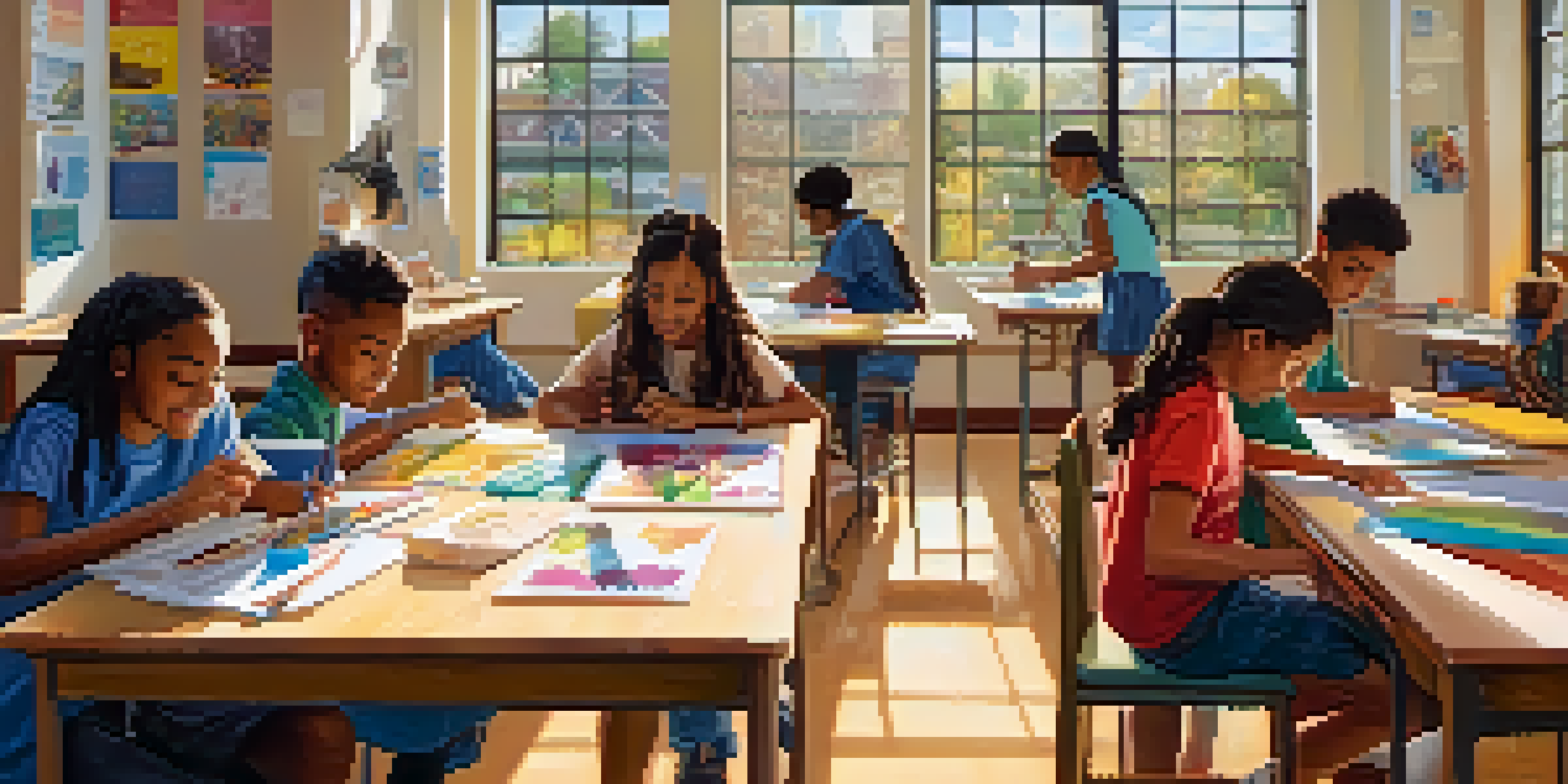 A lively after-school program with teenagers participating in science and art projects, illuminated by warm sunlight.