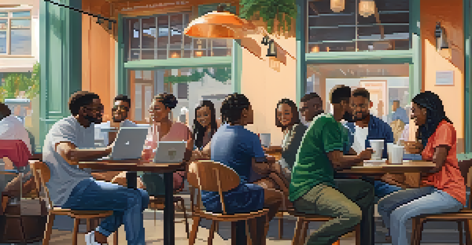 Residents at a café in Compton using laptops and smartphones to engage on social media and discuss community events in a cozy atmosphere.