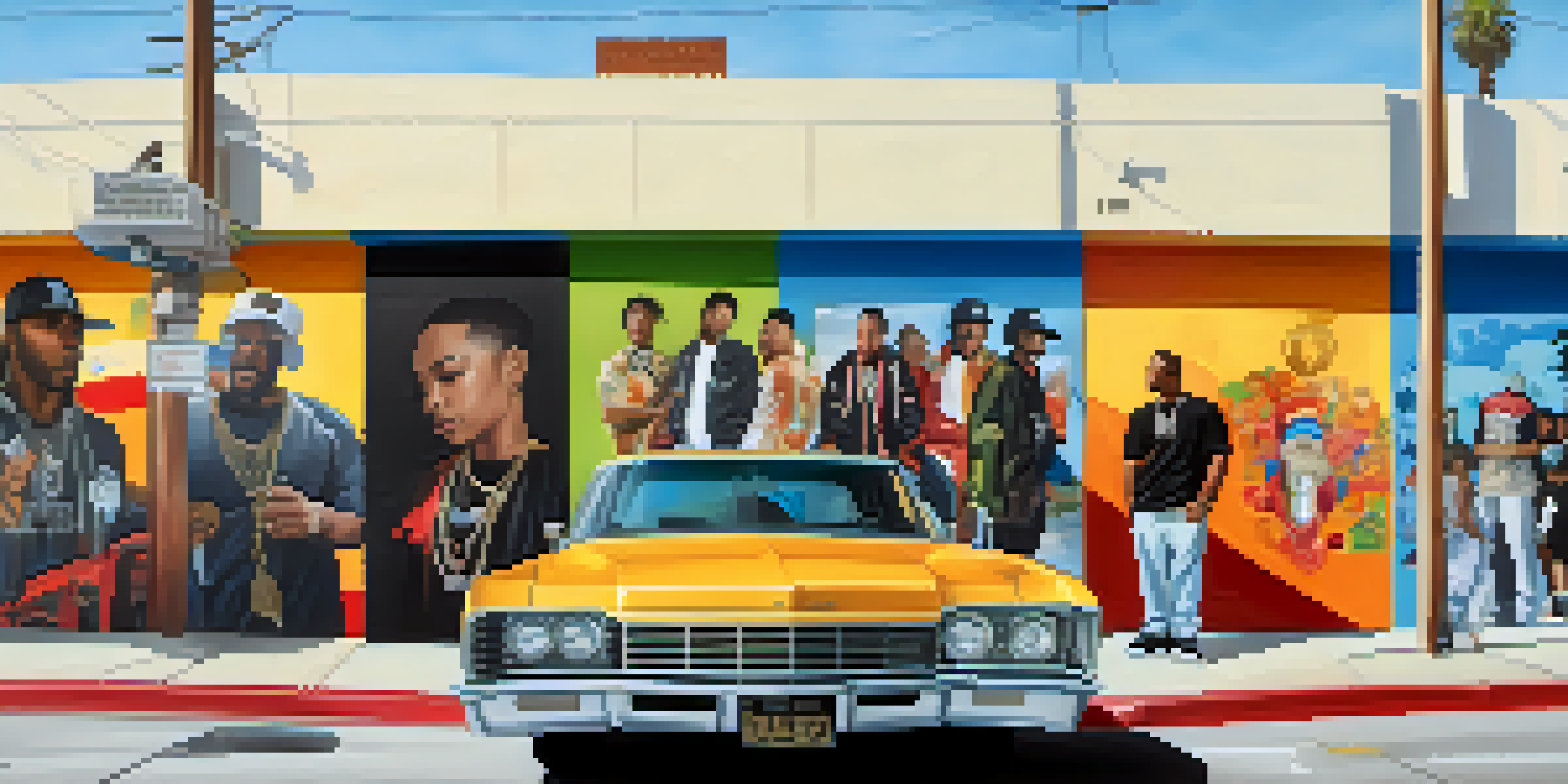 A colorful mural in Compton depicting hip-hop artists, with diverse people in streetwear around it.