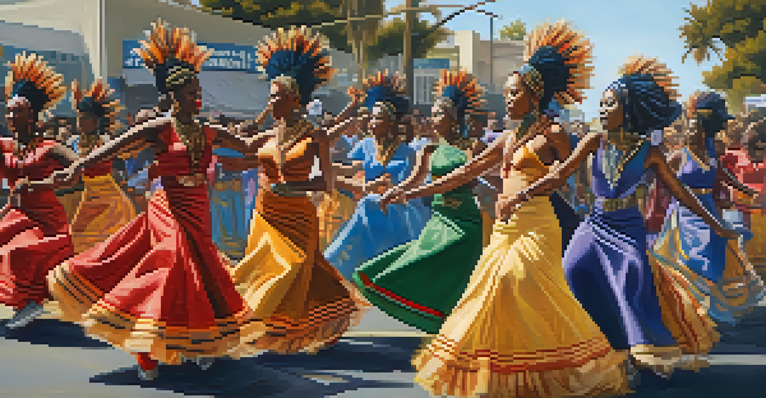 A dance troupe performing traditional African dances at the Compton Black History Month Parade, with expressive costumes and an engaged audience.