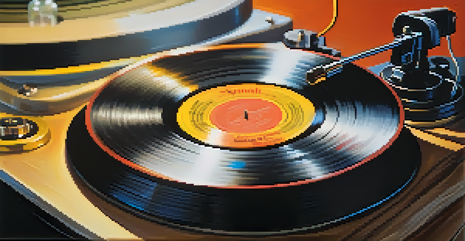 A close-up of a spinning vinyl record on a turntable, softly lit with a blurred background of a hip-hop artist performing.