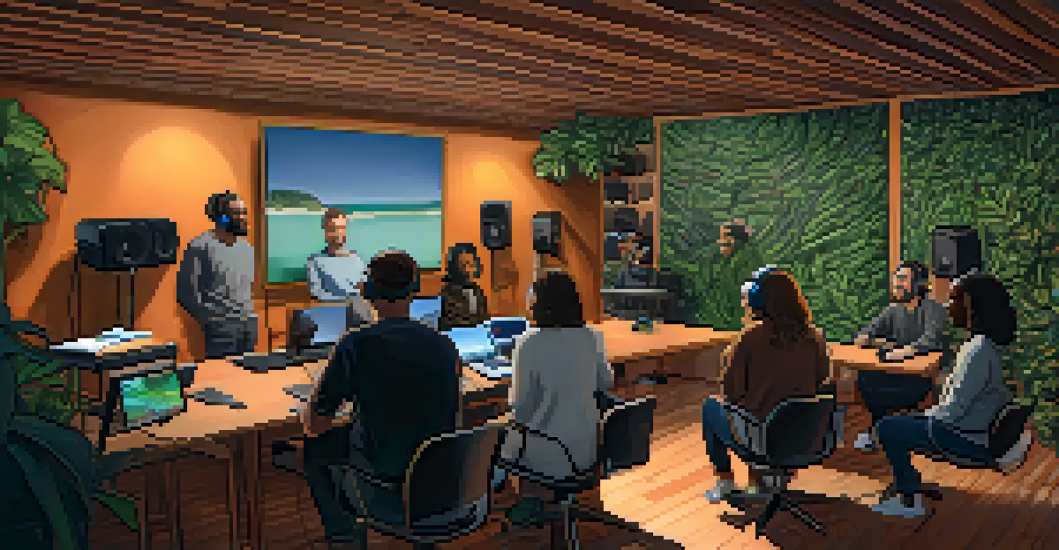 A cozy podcast recording session with diverse individuals seated around a table, microphones and laptops present, in a warmly lit room.