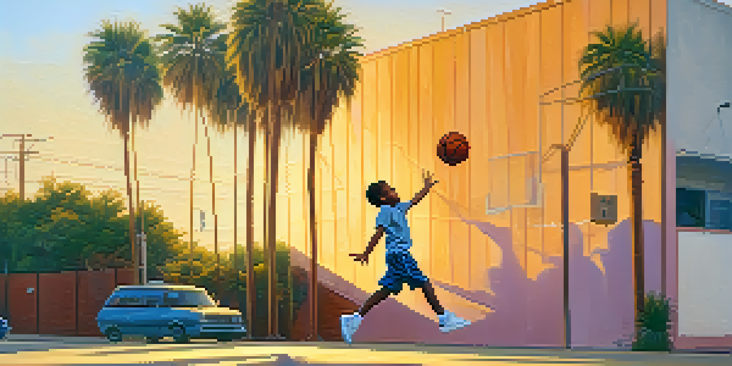 A young boy jumping to shoot a basketball on an outdoor court in Compton, surrounded by palm trees and street art, with a sunset in the background.