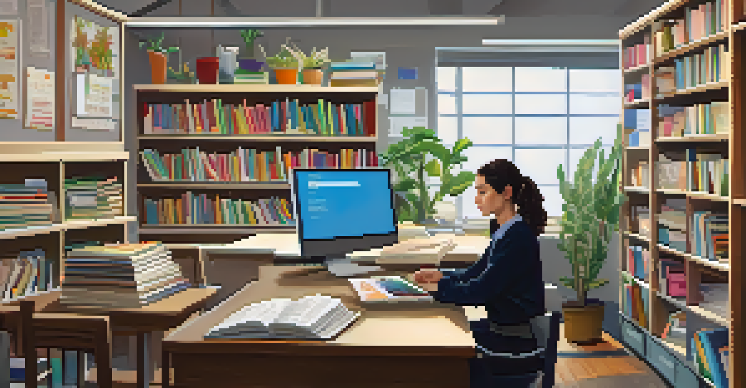 A thoughtful teacher at a desk with books and educational materials, in a cozy classroom filled with plants and artwork.