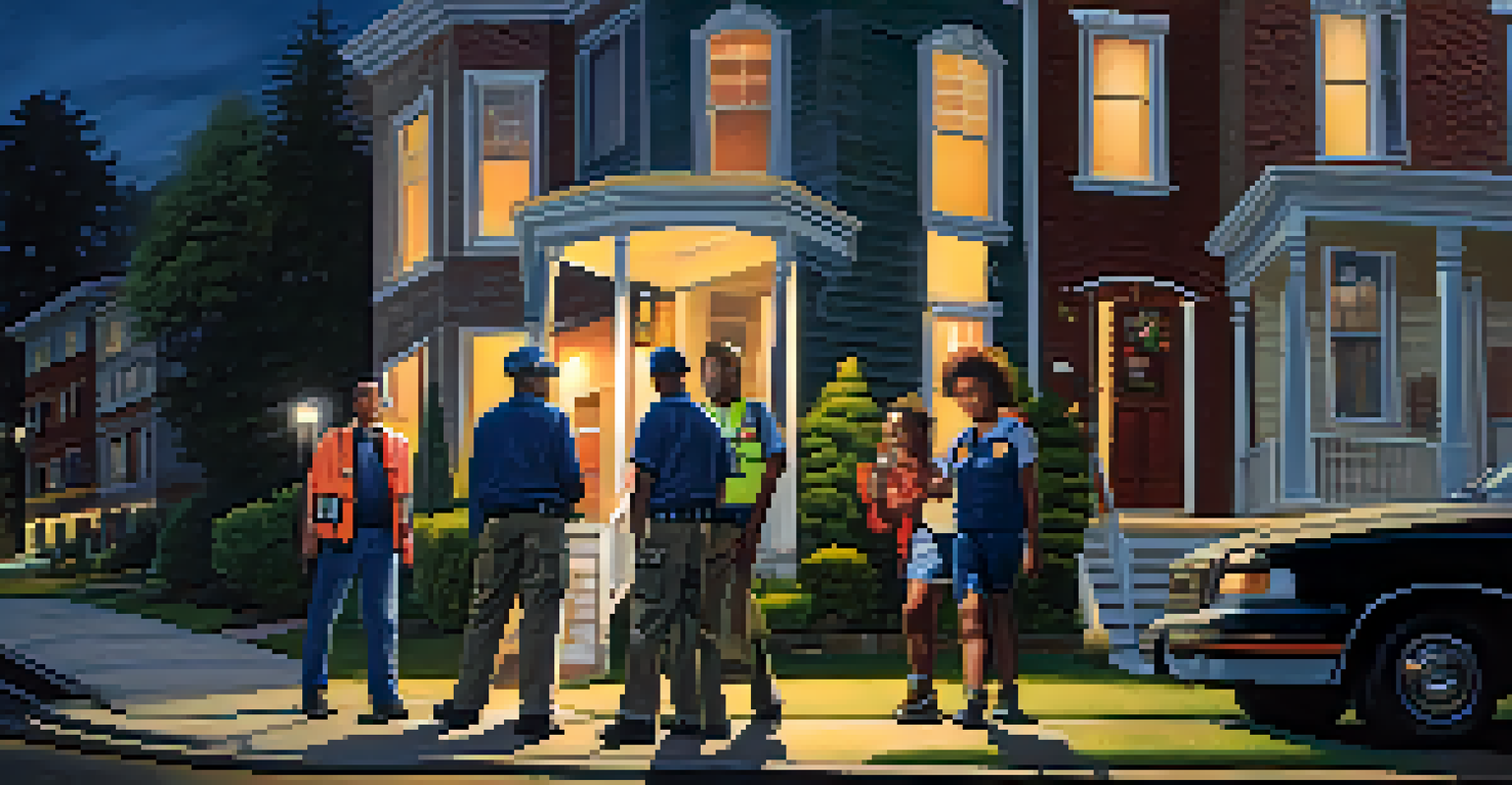 Residents on a neighborhood watch patrol in the evening, smiling and walking together with flashlights, wearing reflective vests.