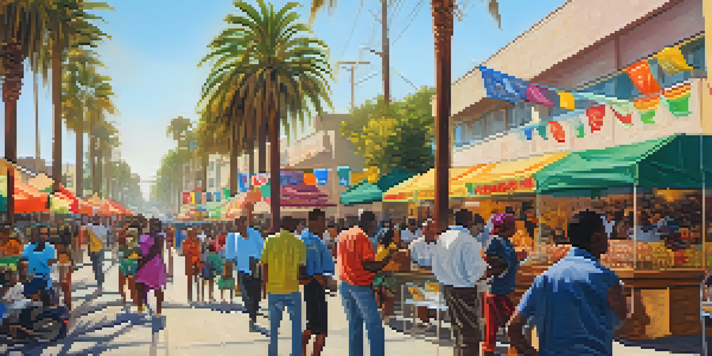 A lively community event in Compton with diverse residents, colorful banners, and food stalls under sunny skies.