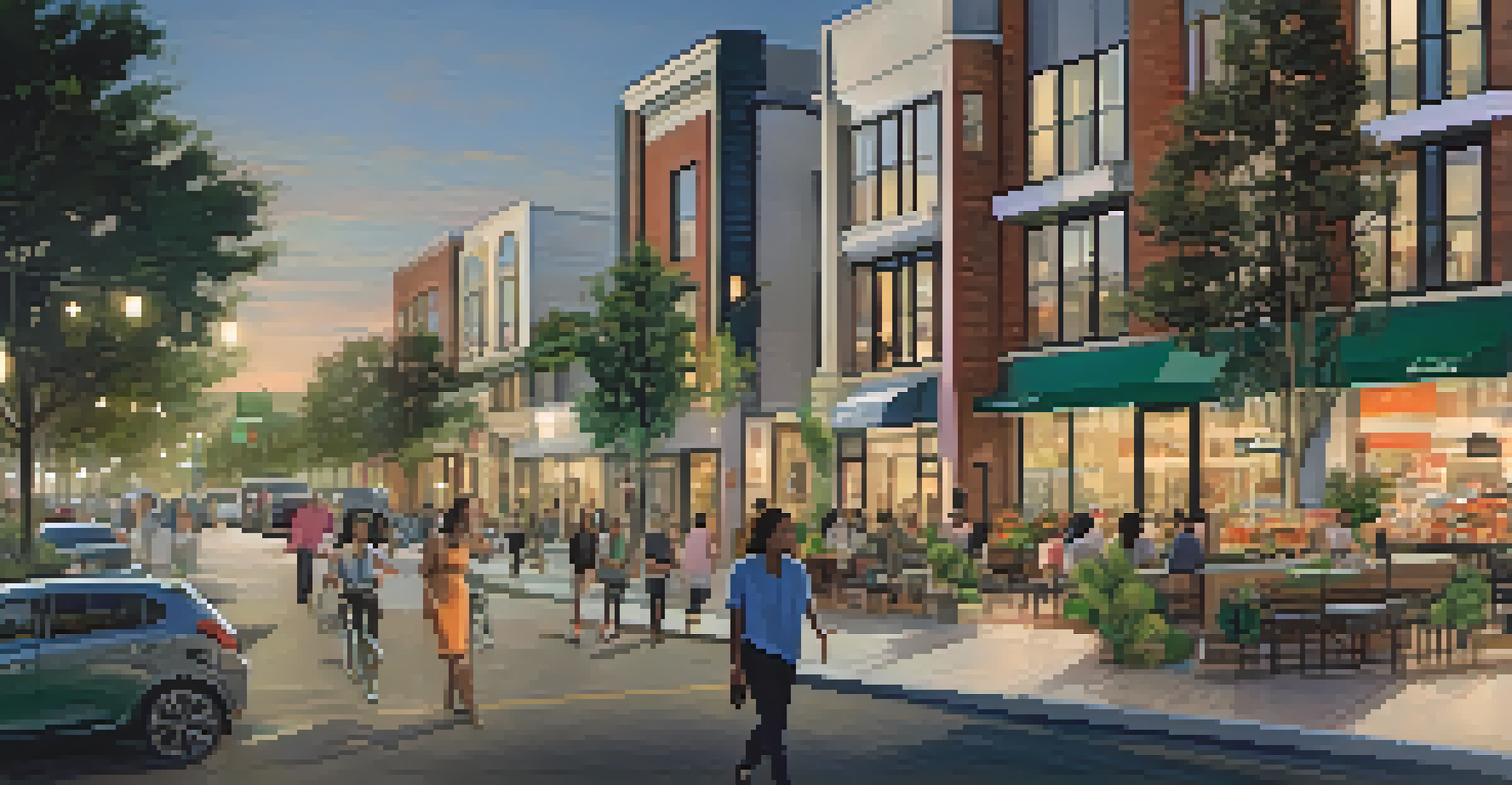 A lively mixed-use development with cafes, shops, and pedestrians enjoying the vibrant atmosphere.