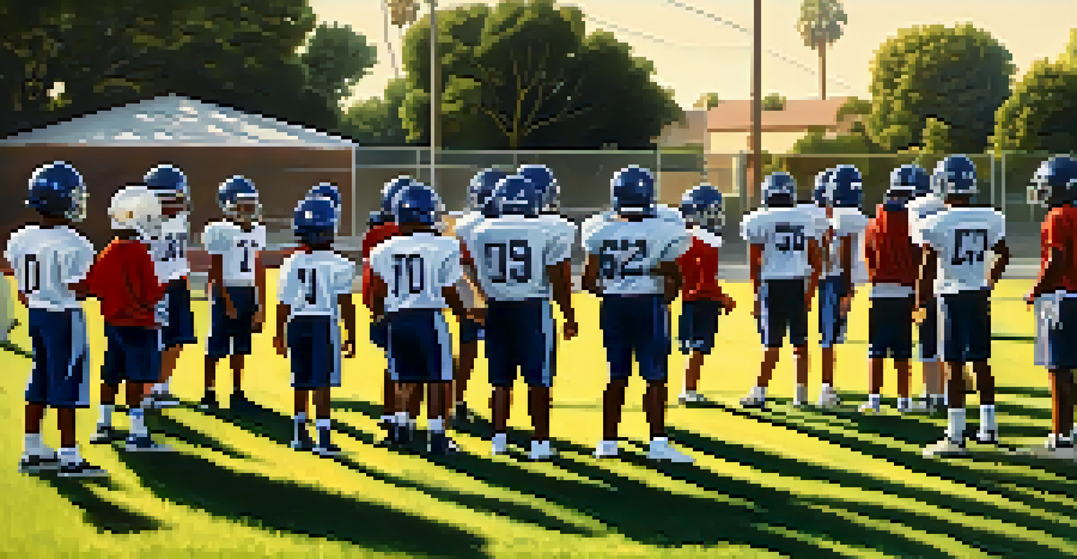 A football coach mentoring young players during practice in Compton on a sunny evening.