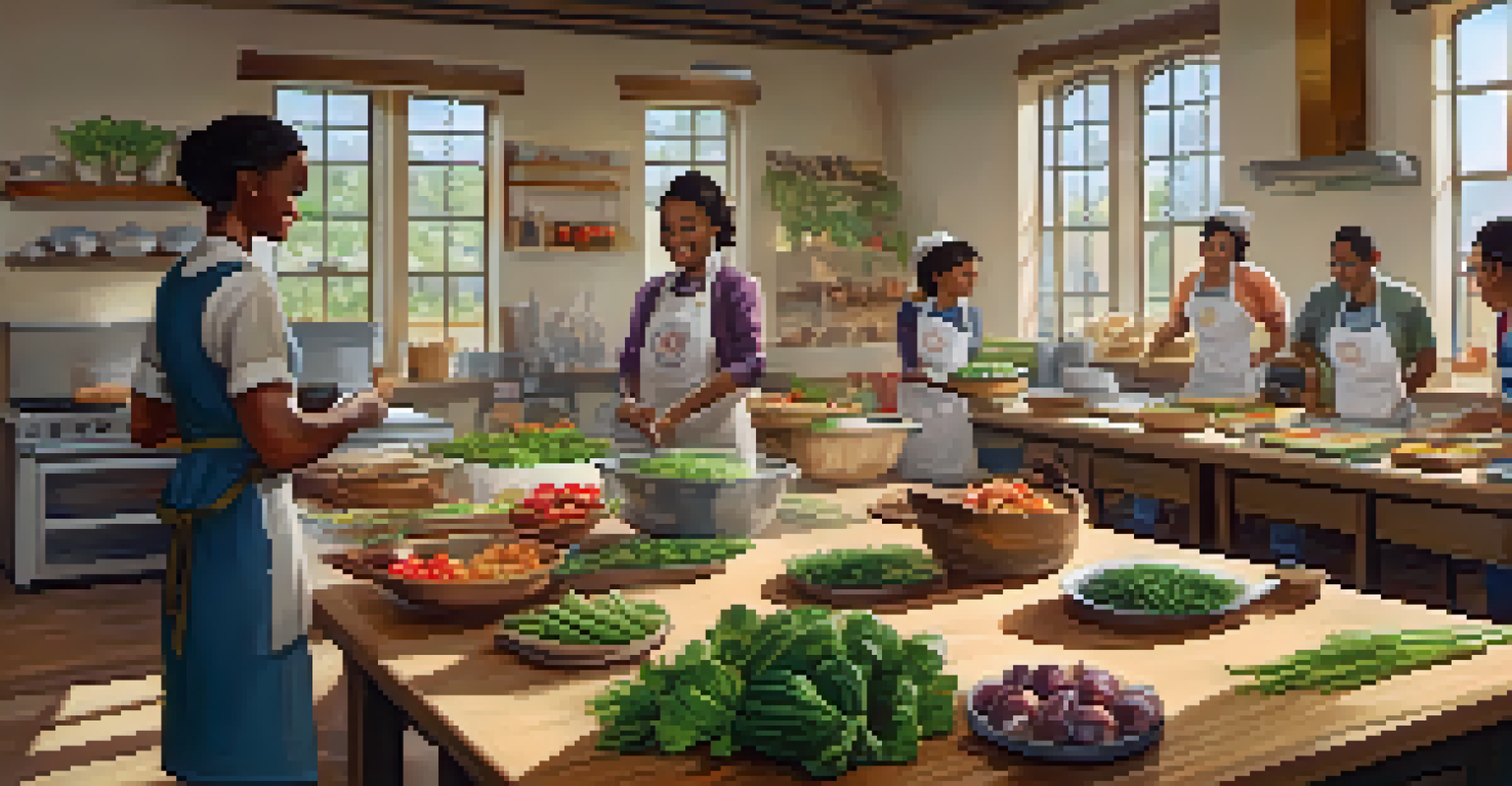 A cooking workshop in a community center with an instructor demonstrating healthy meal preparation to engaged participants.