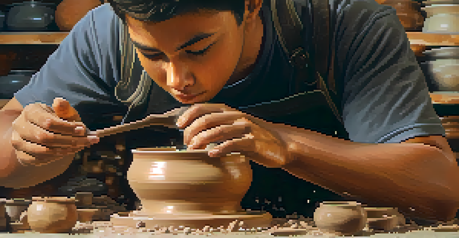 Close-up of a student's hands crafting pottery on a wheel, with focused expression and shelves of pottery in the background.