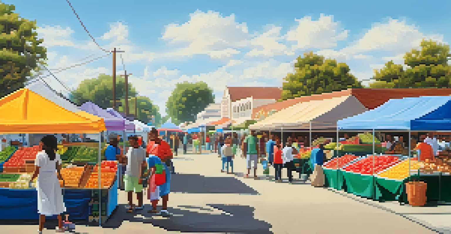 A lively farmer's market in Compton filled with families shopping for fresh produce and handmade crafts under a clear blue sky.