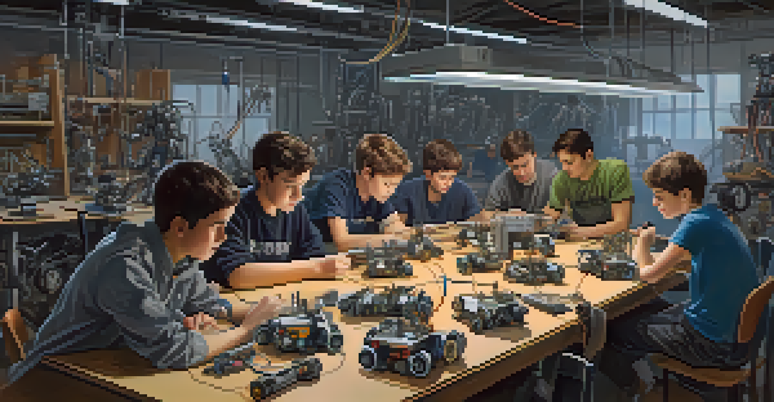 Students collaborating in a robotics workshop, building robots with various parts on a table.