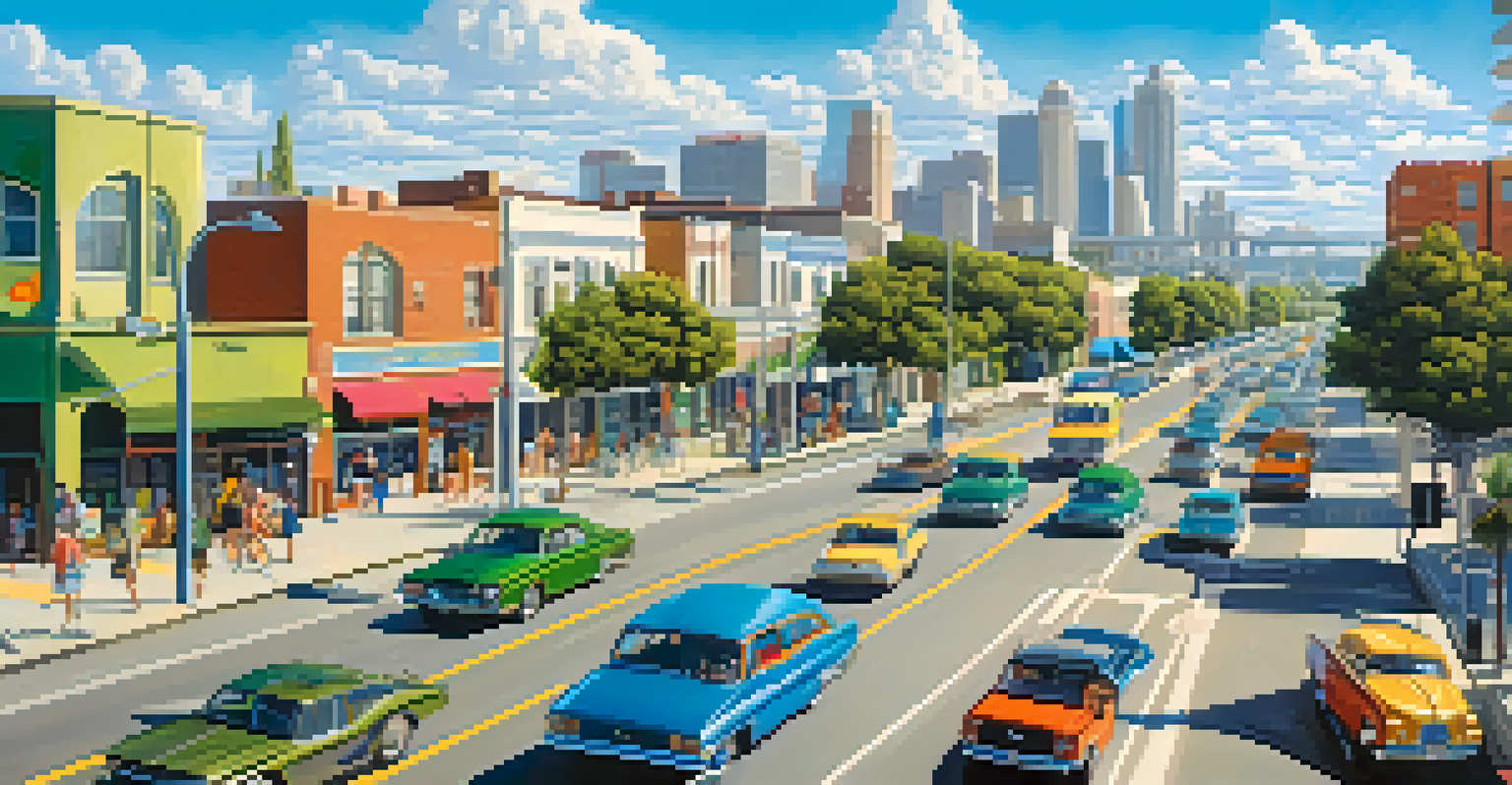 A bustling modern cityscape of Compton with cars, buses, cyclists, and a vibrant skyline under a bright blue sky.