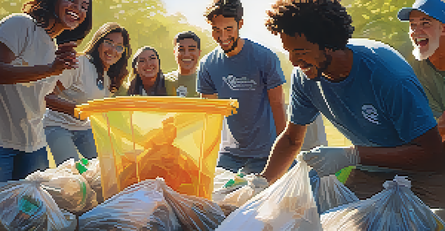 A close-up of a volunteer's hands holding a trash bag filled with litter, with other volunteers working in the background.