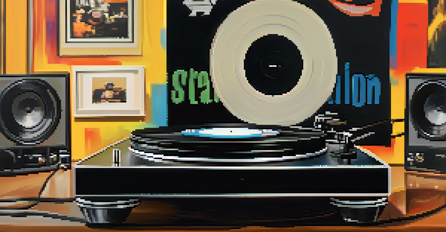 A close-up of a vinyl record on a turntable, surrounded by hip-hop memorabilia in a cozy living room.