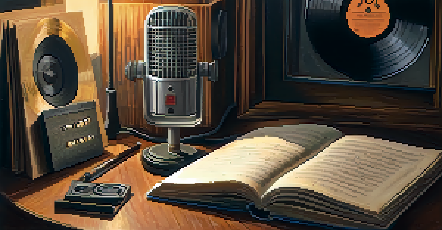A vintage microphone surrounded by vinyl records and a notebook with lyrics in a cozy music studio.