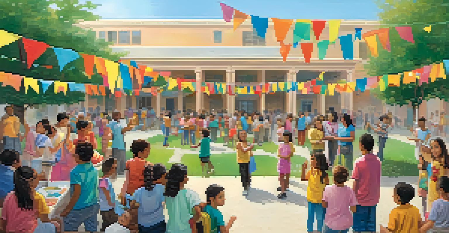 Families engaging in activities at a community gathering in a school courtyard, with children and parents participating in workshops and enjoying the atmosphere.